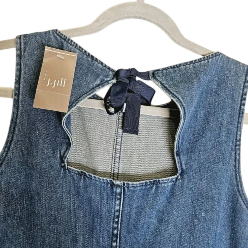 J. Jill Denim Sleeveless Dress With Bow Back S  Cotton Frayed Hem Pockets‎ Y2K